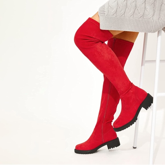 Suede Over The Knee Boots Round Toe Side Zipper Flat Thigh High Boots Red - Picture 2 of 5